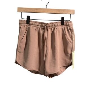 Cover Stitched Taupe Shorts Elastic Waist Drawstring- Medium